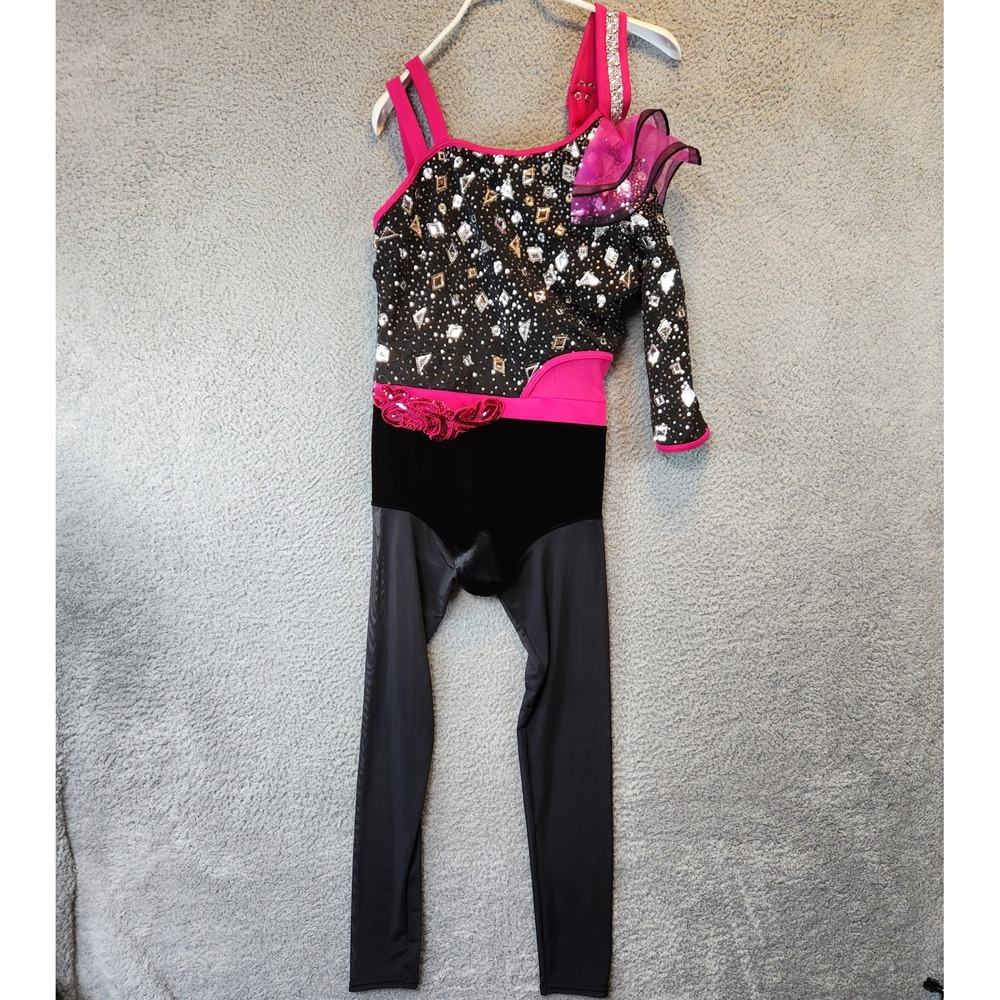 Weissman‎ Dance Leotard Costume Girls Size XLC One Sleeve Pink Black Sparkle